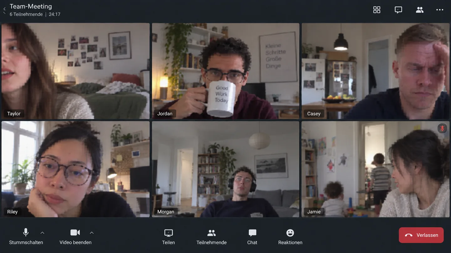 Videokonferenz mit sechs Kacheln: unscharfe Bilder, private Räume im Hintergrund, ein Kind im Bild